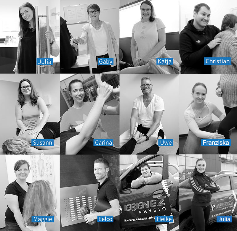 Eine Collage mit Fotos von insgesamt zwölf Physiotherapeutinnen und Physiotherapeuten.