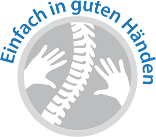 Die Hände, die sich nach einer Wirbelsäule ausstrecken, stehen für Unterstützung und Heilung. Darüber steht in gebogener Schrift "Einfach in guten Händen".