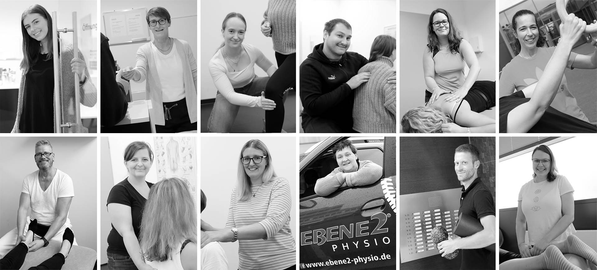 Eine Collage mit Fotos von insgesamt zwölf Physiotherapeutinnen und Physiotherapeuten.